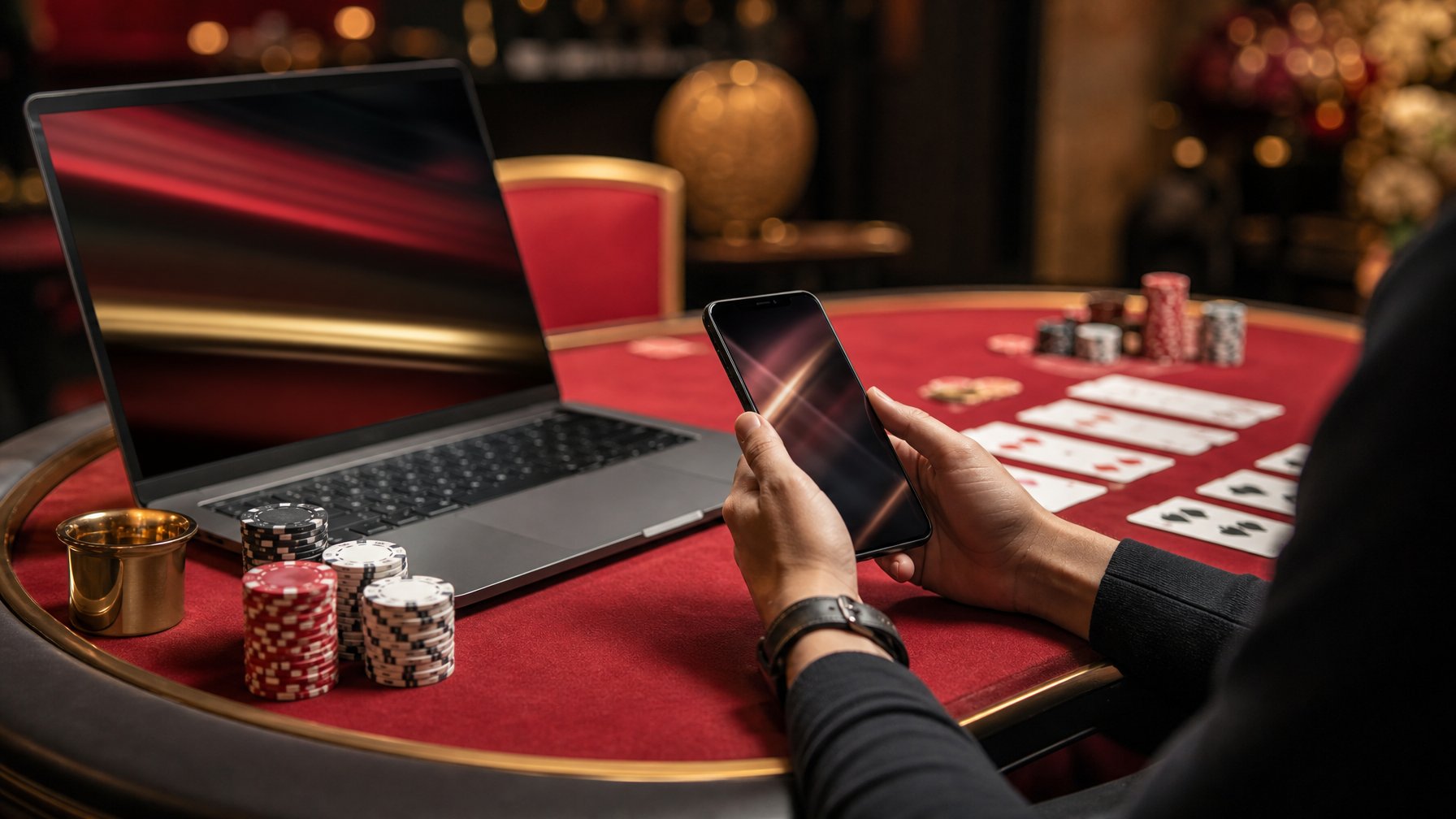 Tangan orang dewasa menggunakan perangkat di dekat meja Pai Gow Poker dengan kartu dan keping taruhan.