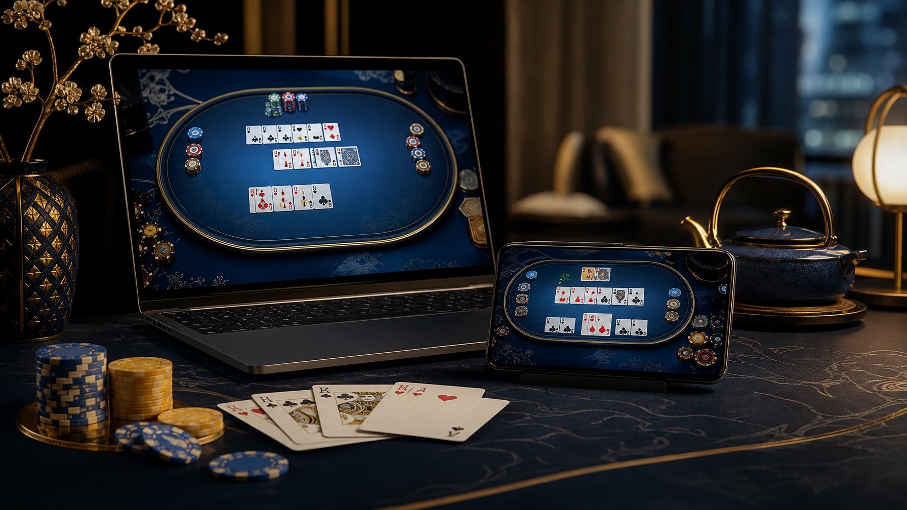 Perangkat laptop dan ponsel menampilkan permainan kartu Pai Gow dengan kartu dan keping poker di atas meja elegan.
