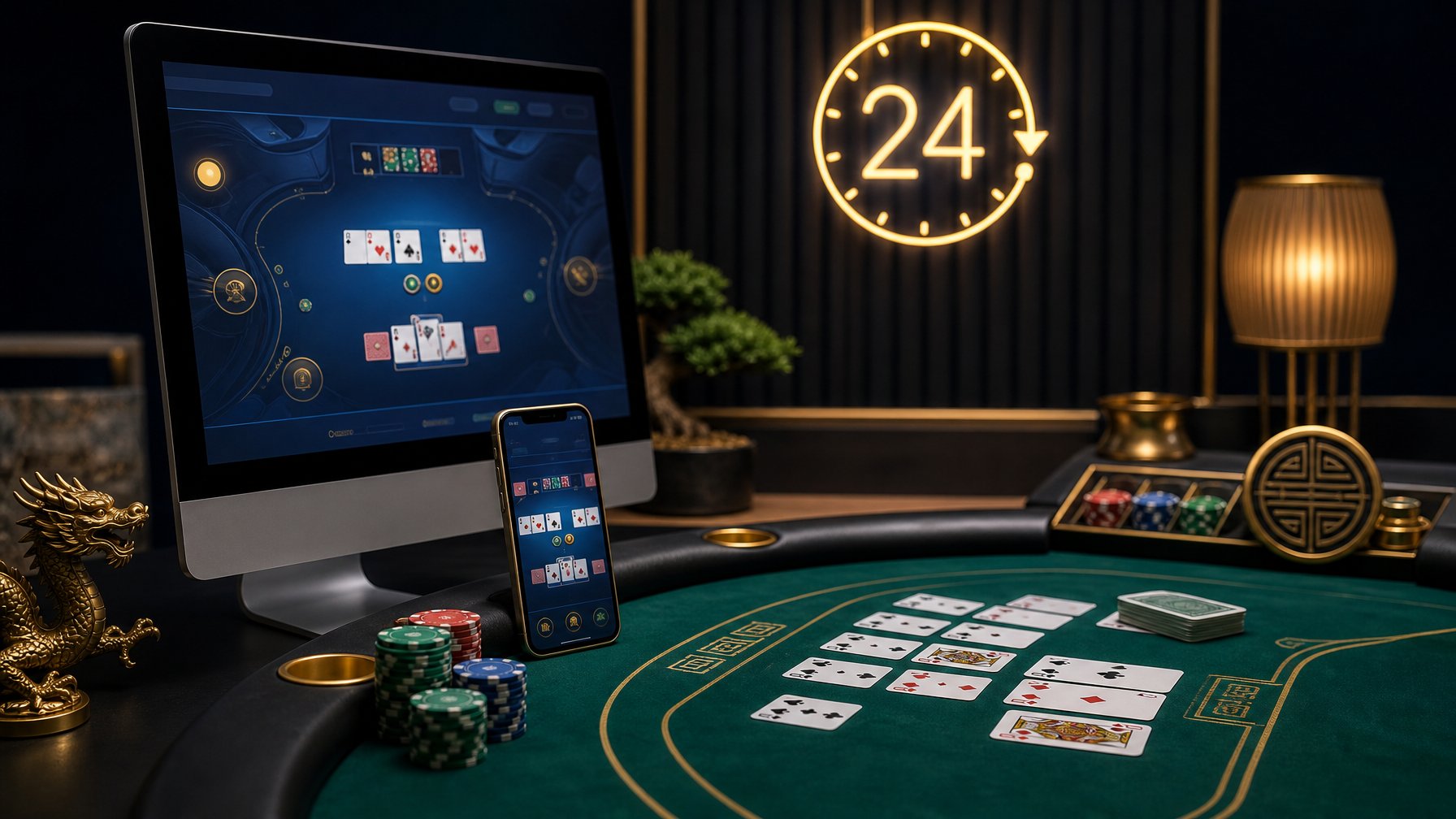 Meja Pai Gow poker dengan kartu, chip, dan perangkat digital yang menampilkan antarmuka kasino abstrak.