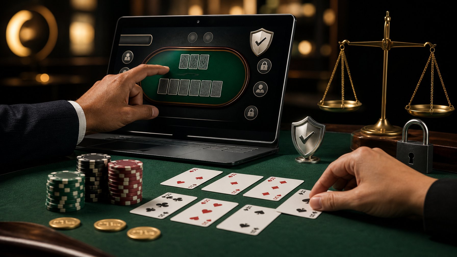 Meja Pai Gow Poker dengan kartu, chip, perangkat digital, dan simbol keamanan.