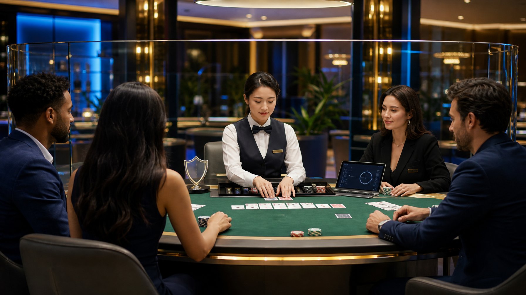 Meja Pai Gow Poker yang tertata rapi dengan dealer, pemain dewasa, kartu, chip, dan simbol perisai keamanan.