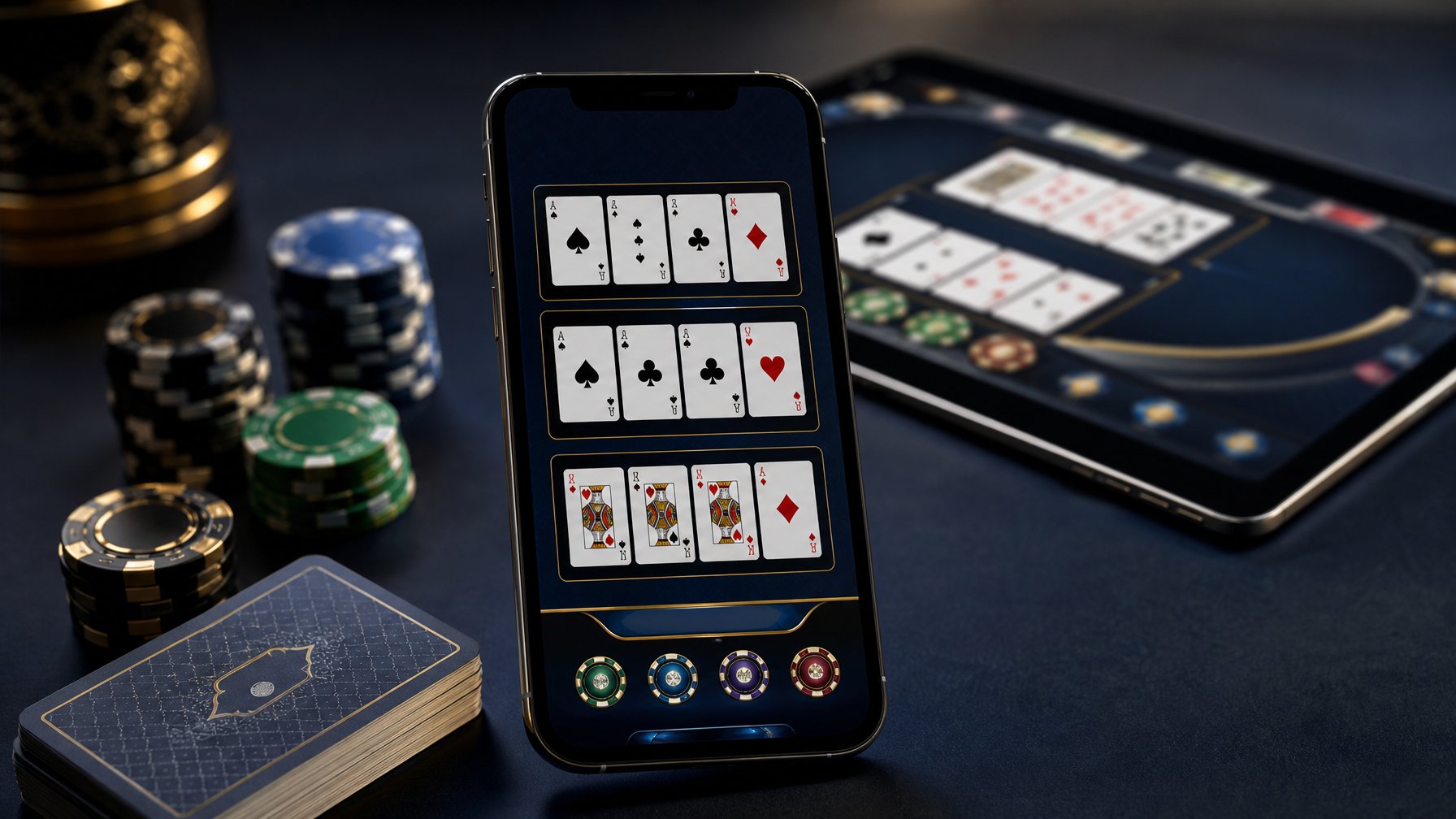 Ponsel menampilkan permainan kartu Pai Gow Poker dengan kartu dan keping poker di atas meja gelap.