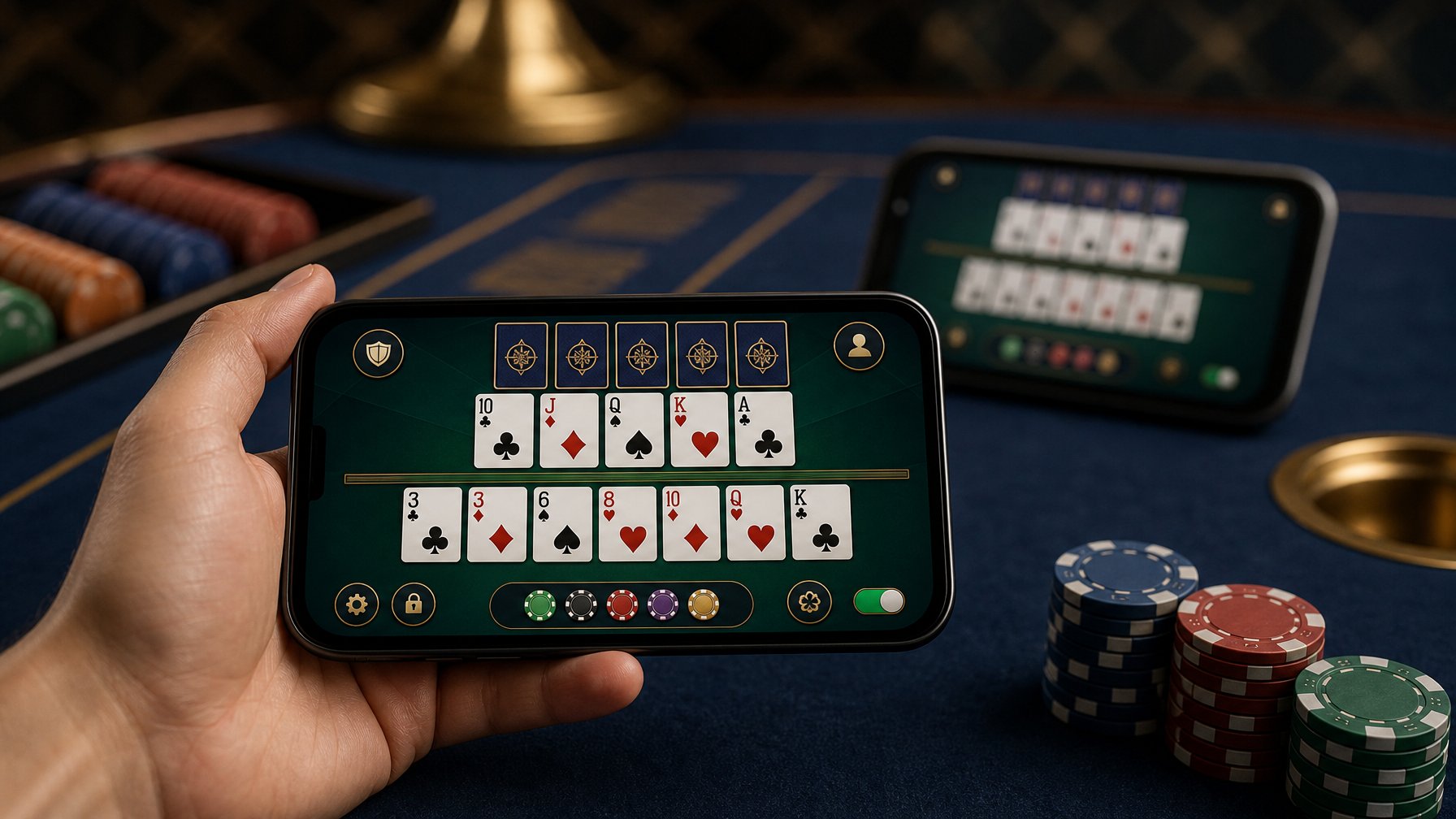 Ponsel menampilkan permainan Pai Gow Poker digital di atas meja kasino dengan kartu dan keping poker.