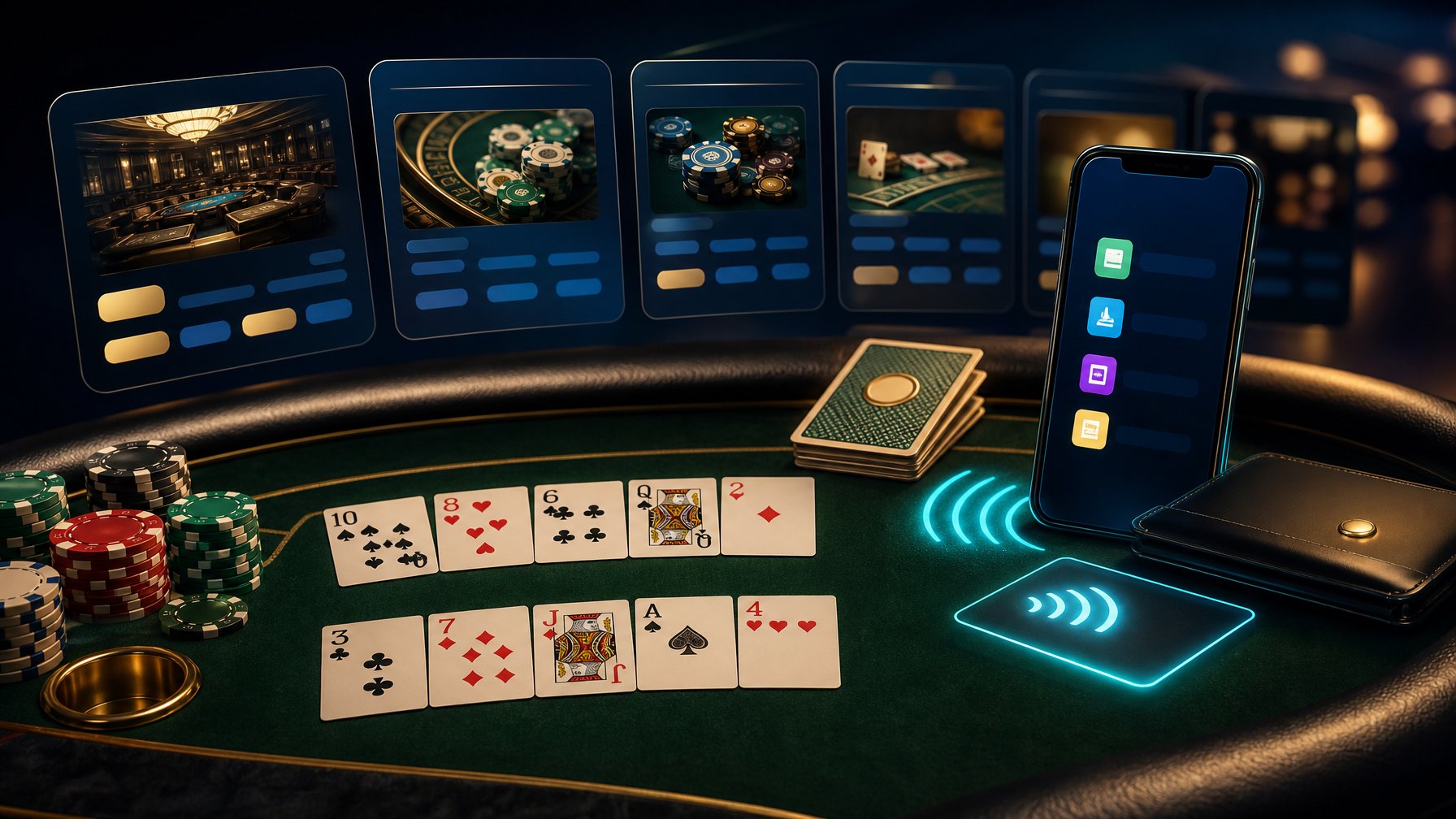 Meja Pai Gow Poker dengan kartu, chip, dan ponsel yang menampilkan ikon pembayaran dompet digital.