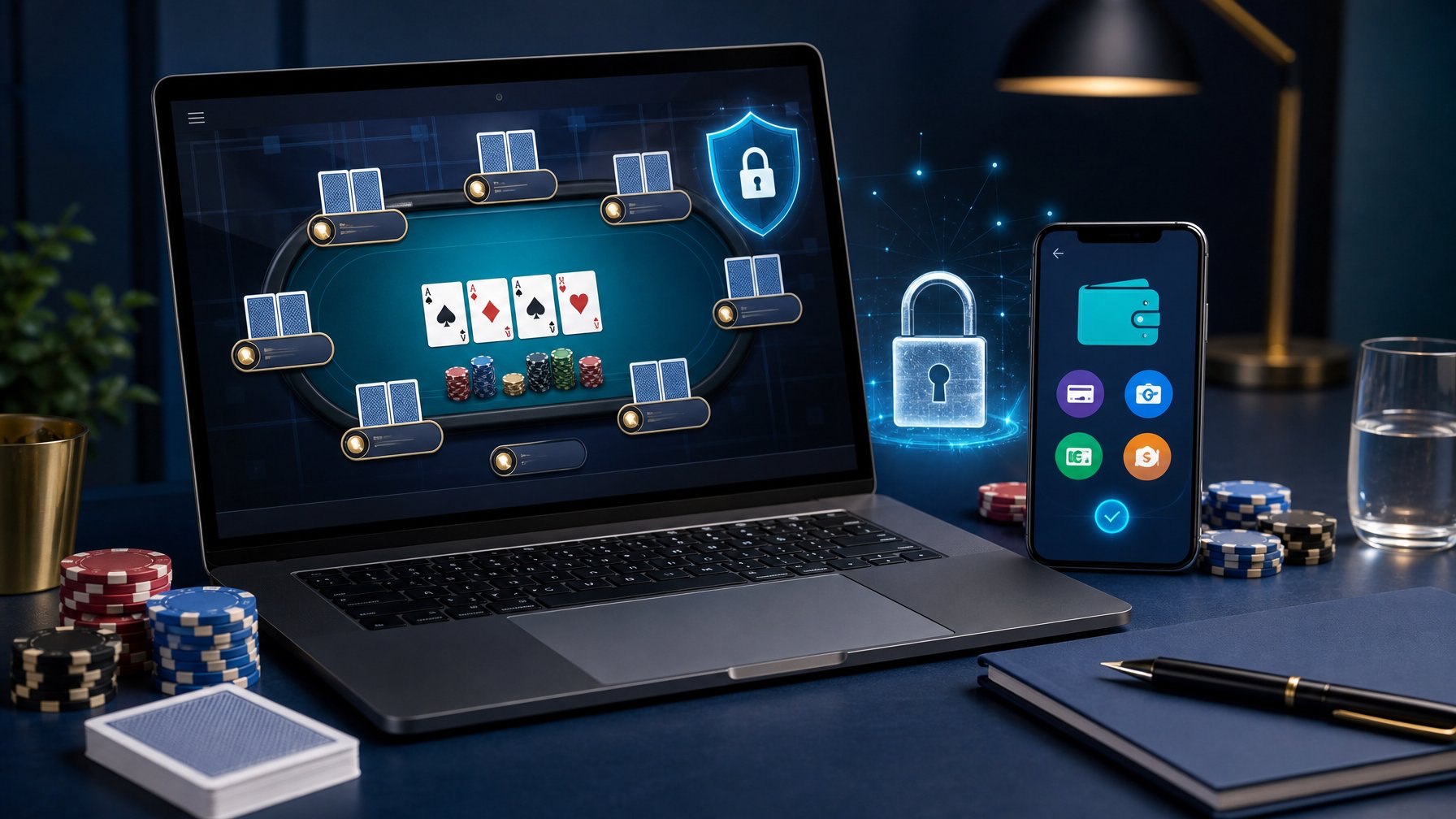 Laptop dengan tampilan poker digital, ponsel dengan simbol dompet elektronik, kartu, keping poker, dan ikon keamanan di meja.
