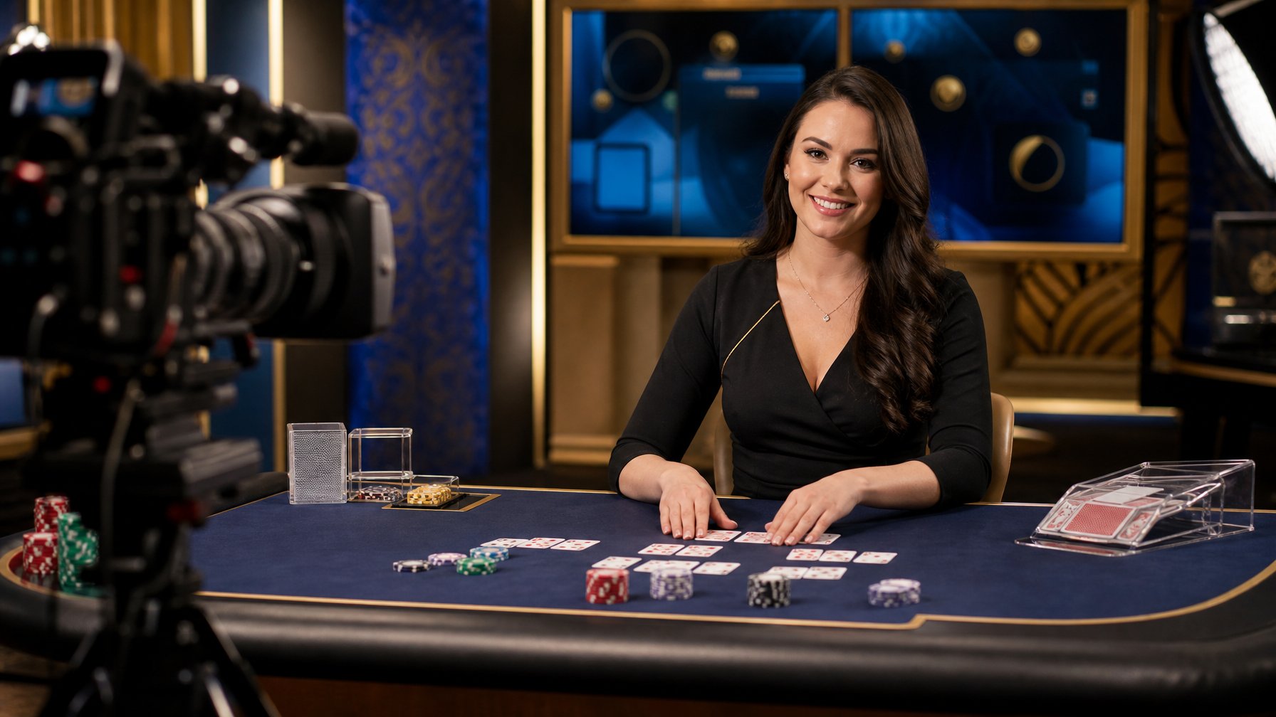 Dealer membagikan kartu Pai Gow Poker di meja kasino dengan kamera siaran dan layar digital di latar belakang.