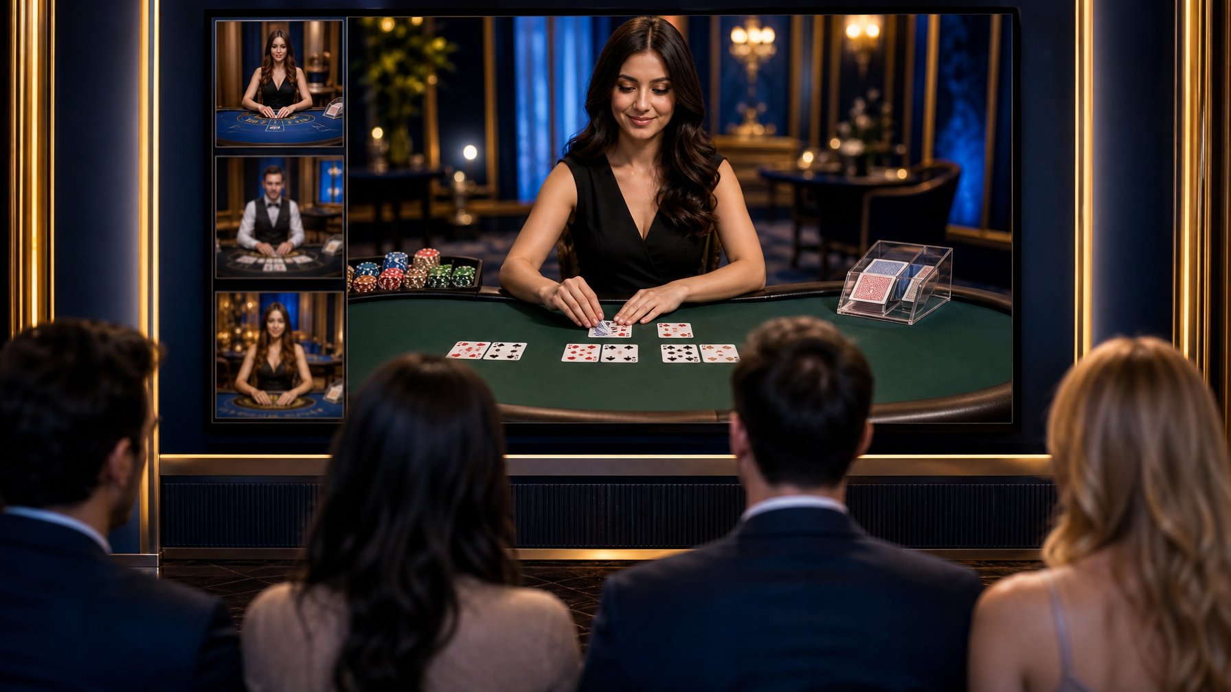 Dealer membagikan kartu Pai Gow Poker di meja kasino dengan pemain yang mengamati permainan.