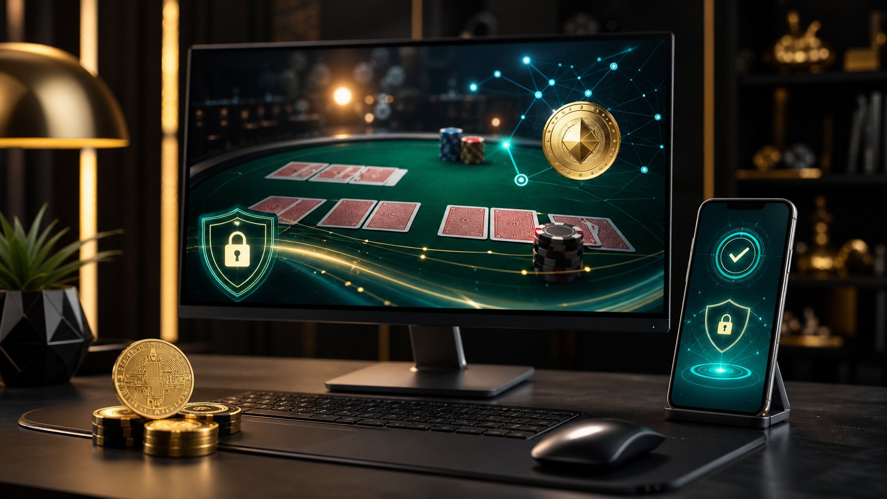 Laptop dan ponsel menampilkan antarmuka poker digital dan pembayaran kripto yang aman di meja modern.