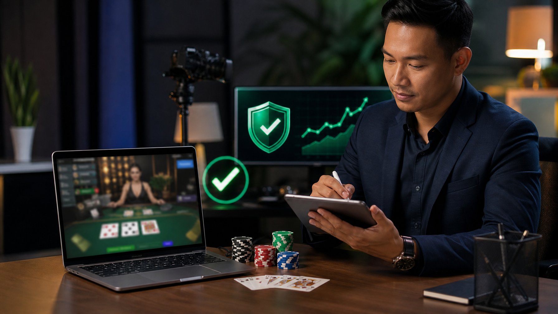 Analis profesional mengevaluasi platform permainan kartu live melalui laptop dan tablet di meja kerja modern.