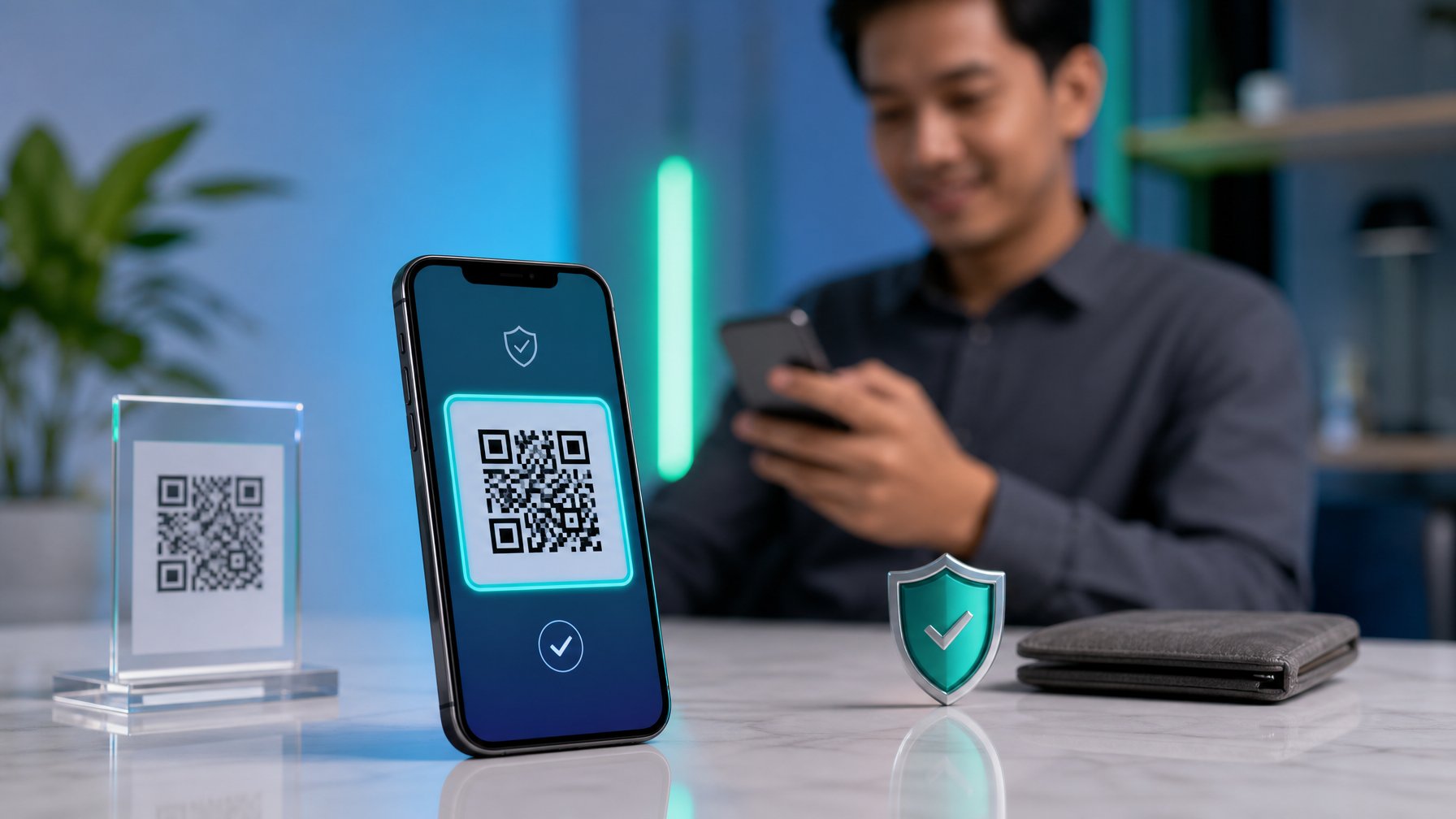 Seseorang menggunakan ponsel untuk melakukan pembayaran QR di meja kerja modern.