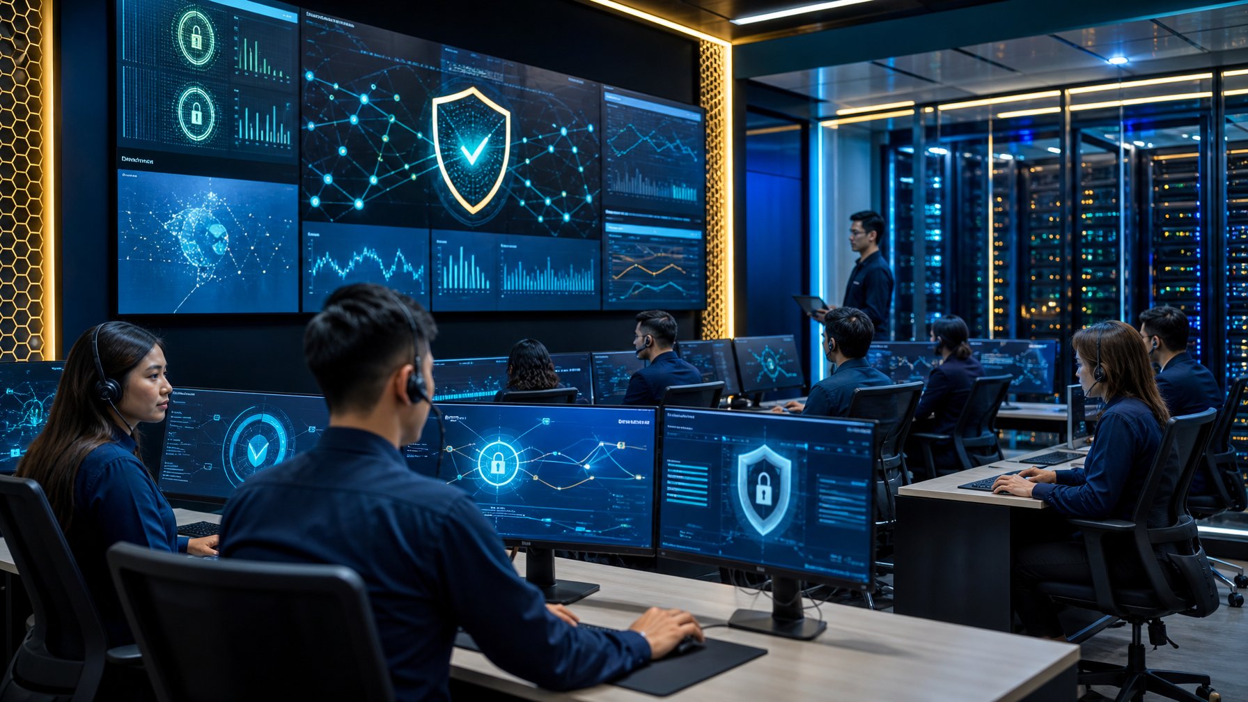 Tim profesional memantau server digital aman dan cepat di ruang operasi modern.