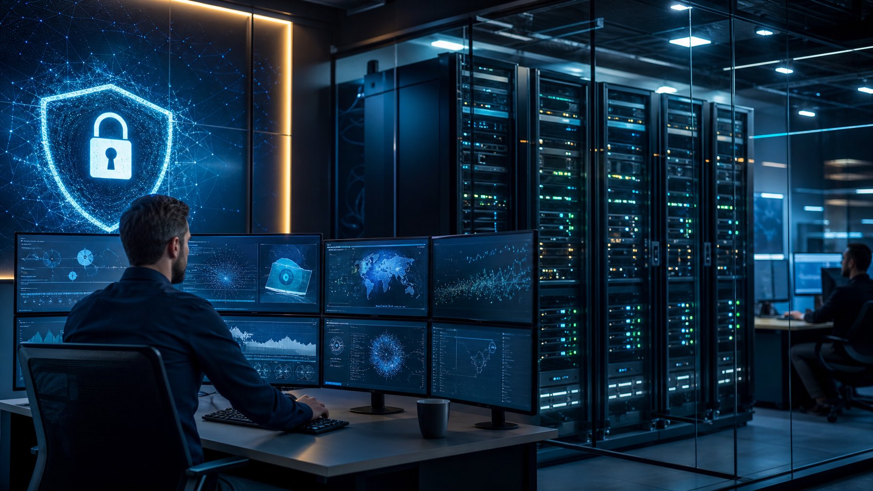 Analis keamanan memantau ruang server modern dengan visualisasi perlindungan jaringan.