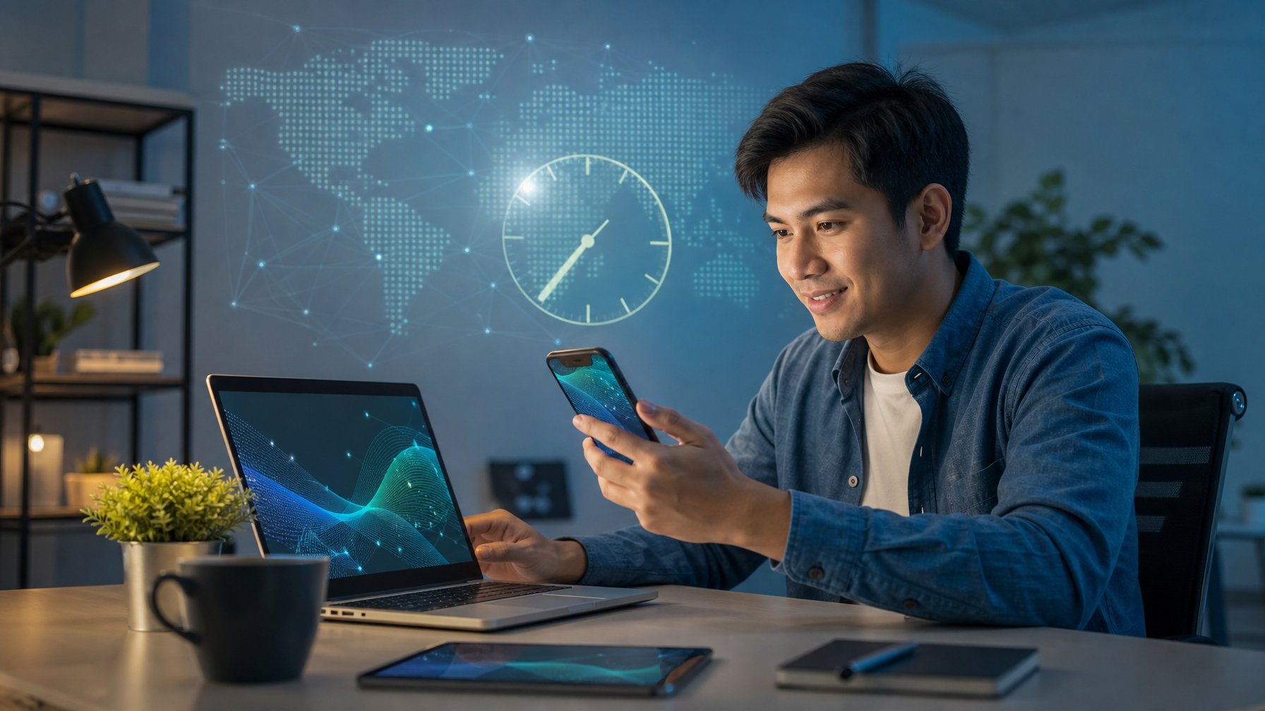 Orang dewasa menggunakan laptop dan ponsel di ruang kerja modern dengan ilustrasi konektivitas digital di latar belakang.