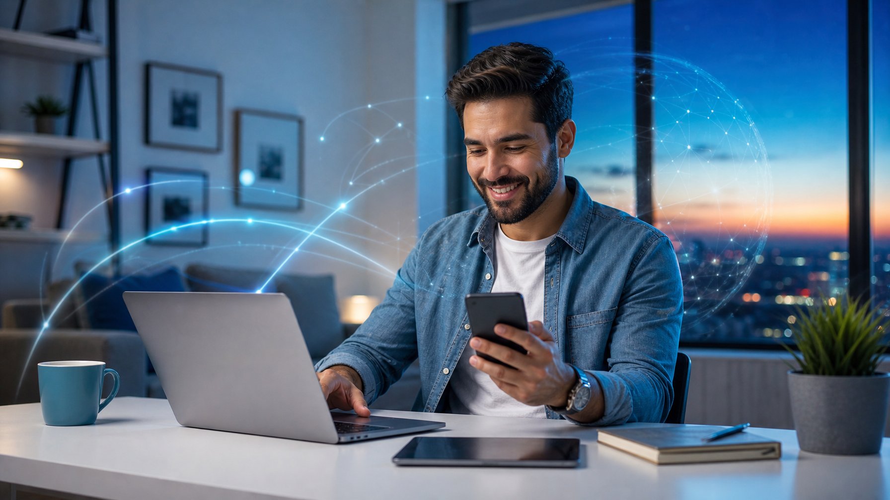 Seseorang menggunakan laptop dan ponsel dalam ruang kerja modern dengan nuansa konektivitas digital.