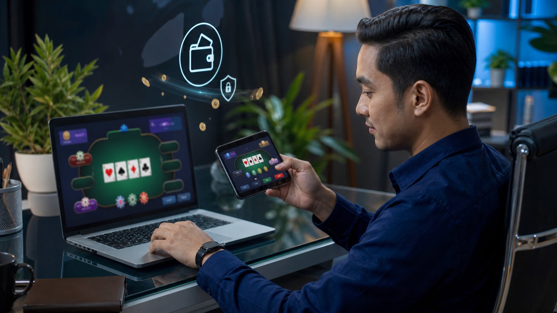 Seseorang melihat permainan kartu digital dan elemen transaksi keuangan pada laptop serta ponsel di meja kerja.
