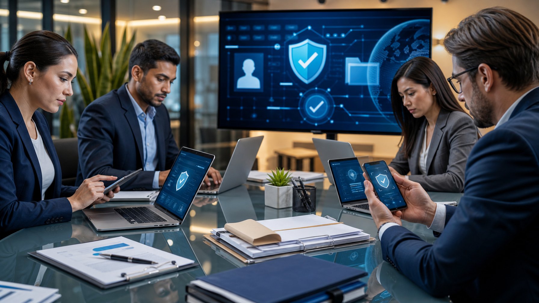 Tim profesional memeriksa verifikasi keamanan platform digital di ruang kerja modern.