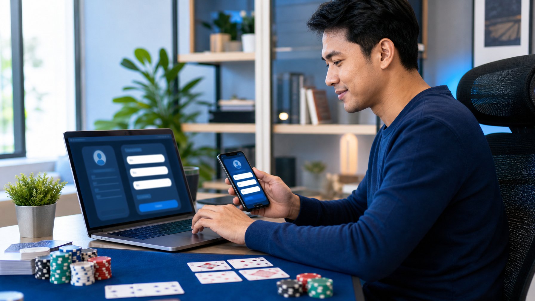 Seseorang menggunakan laptop dan ponsel di meja dengan kartu permainan serta keping warna-warni di sampingnya.