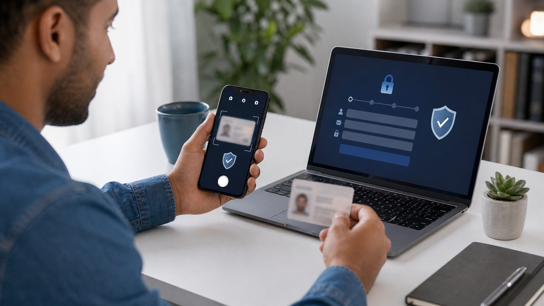 Seseorang mengisi formulir pendaftaran akun melalui laptop dan memverifikasi identitas menggunakan ponsel di meja kerja.