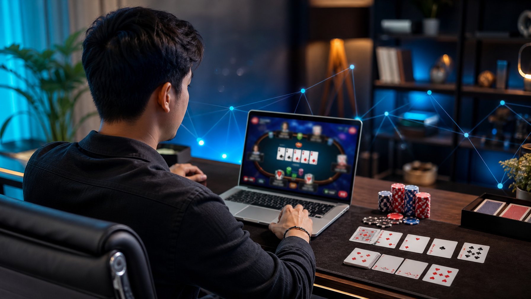 Seseorang menggunakan laptop dengan tampilan permainan kartu digital dan meja kartu dengan keping taruhan.