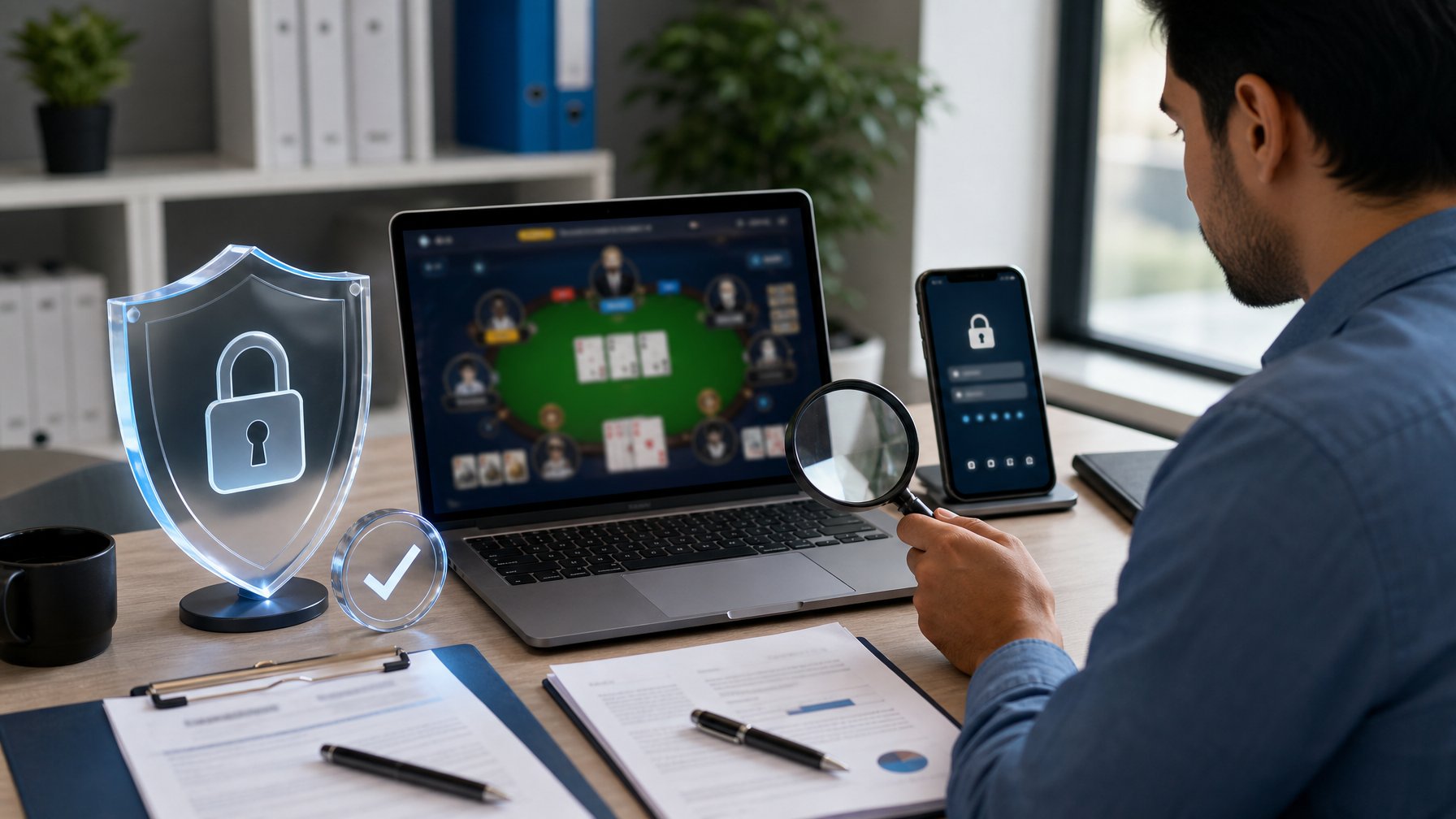 Seorang analis memeriksa keamanan platform permainan daring menggunakan laptop, ponsel, dan simbol perlindungan digital.