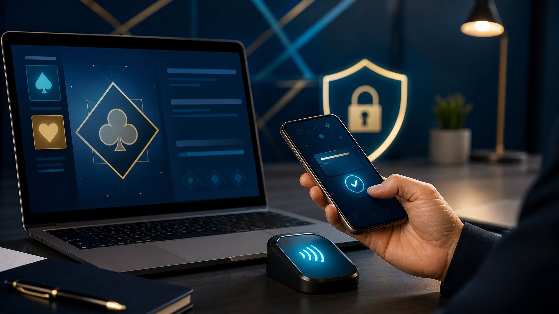 Laptop dan ponsel menampilkan antarmuka digital abstrak dengan simbol keamanan dan pembayaran nirsentuh di ruang kerja modern.