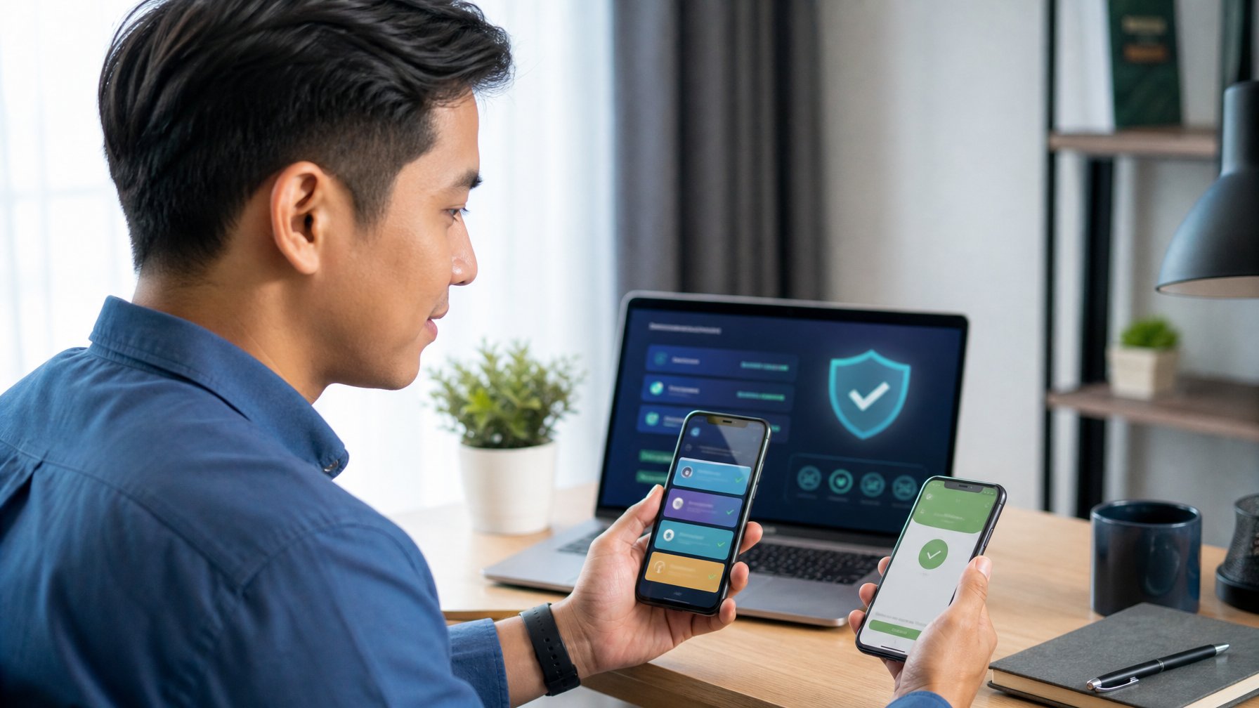 Seseorang membandingkan platform digital tepercaya melalui ponsel di ruang kerja modern.