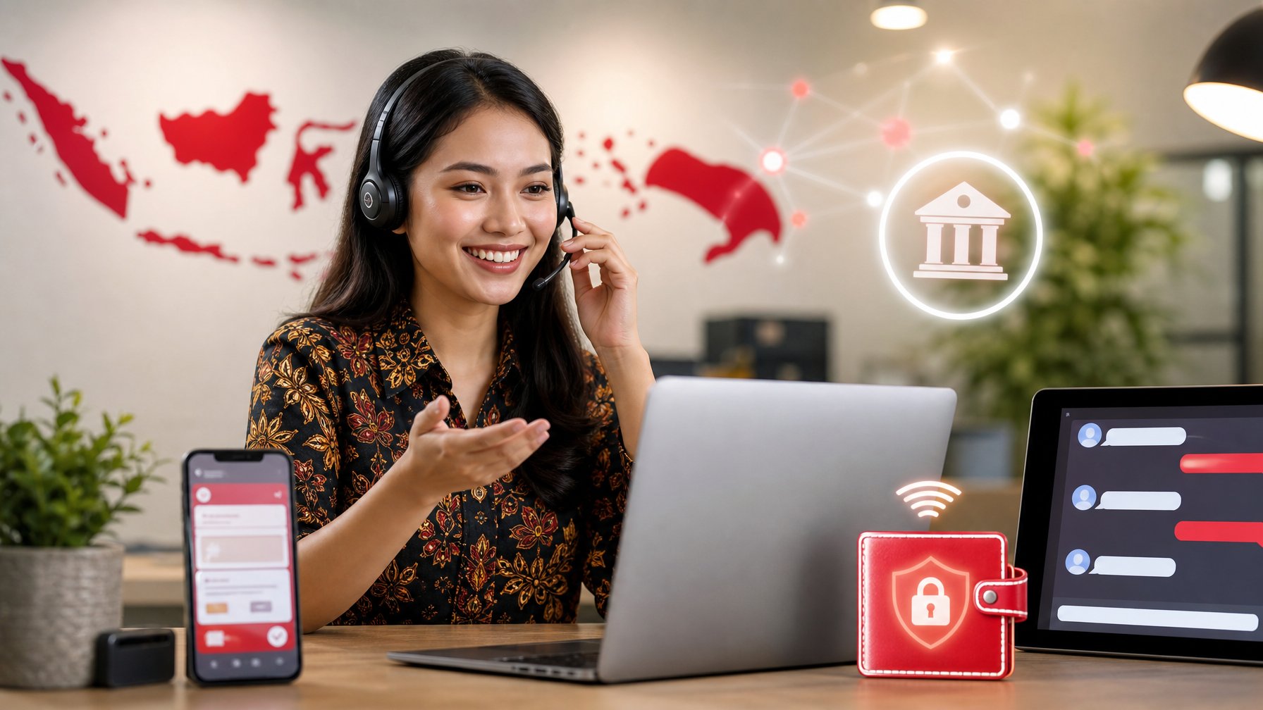 Petugas layanan pelanggan membantu pengguna melalui laptop dengan dukungan pembayaran digital dan dompet elektronik.
