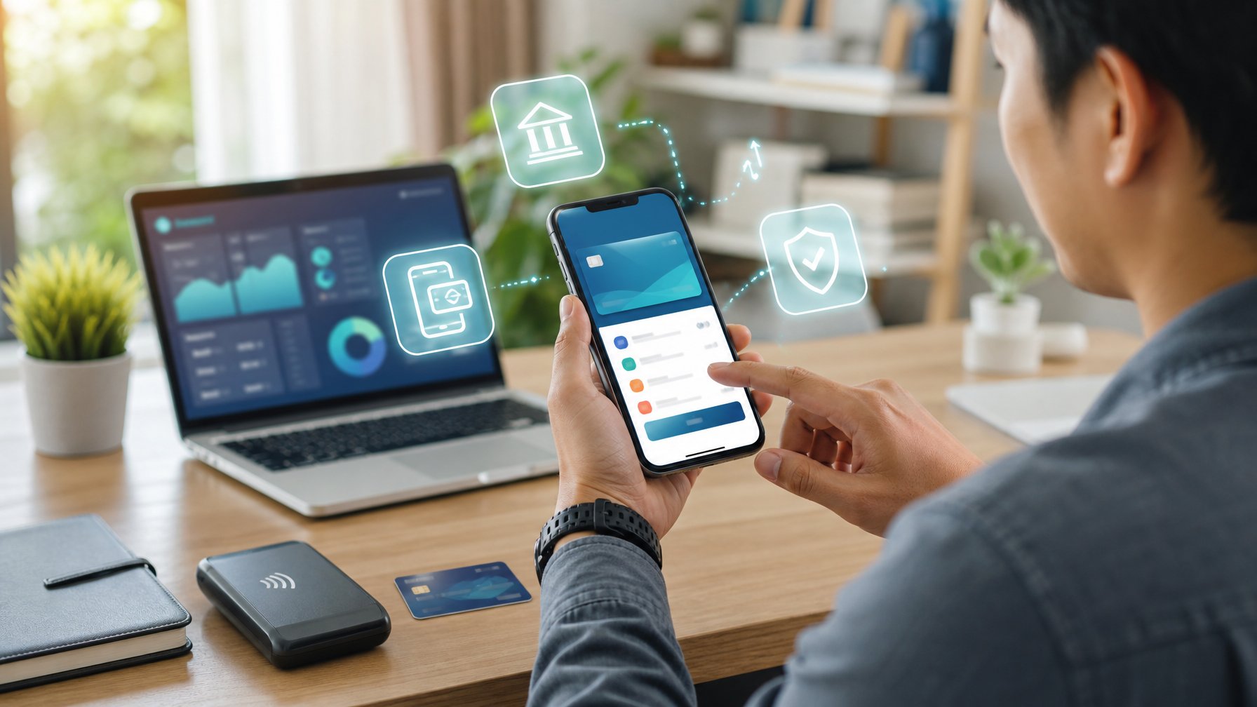 Seseorang menggunakan ponsel untuk melakukan transaksi perbankan dan dompet digital di ruang kerja modern.