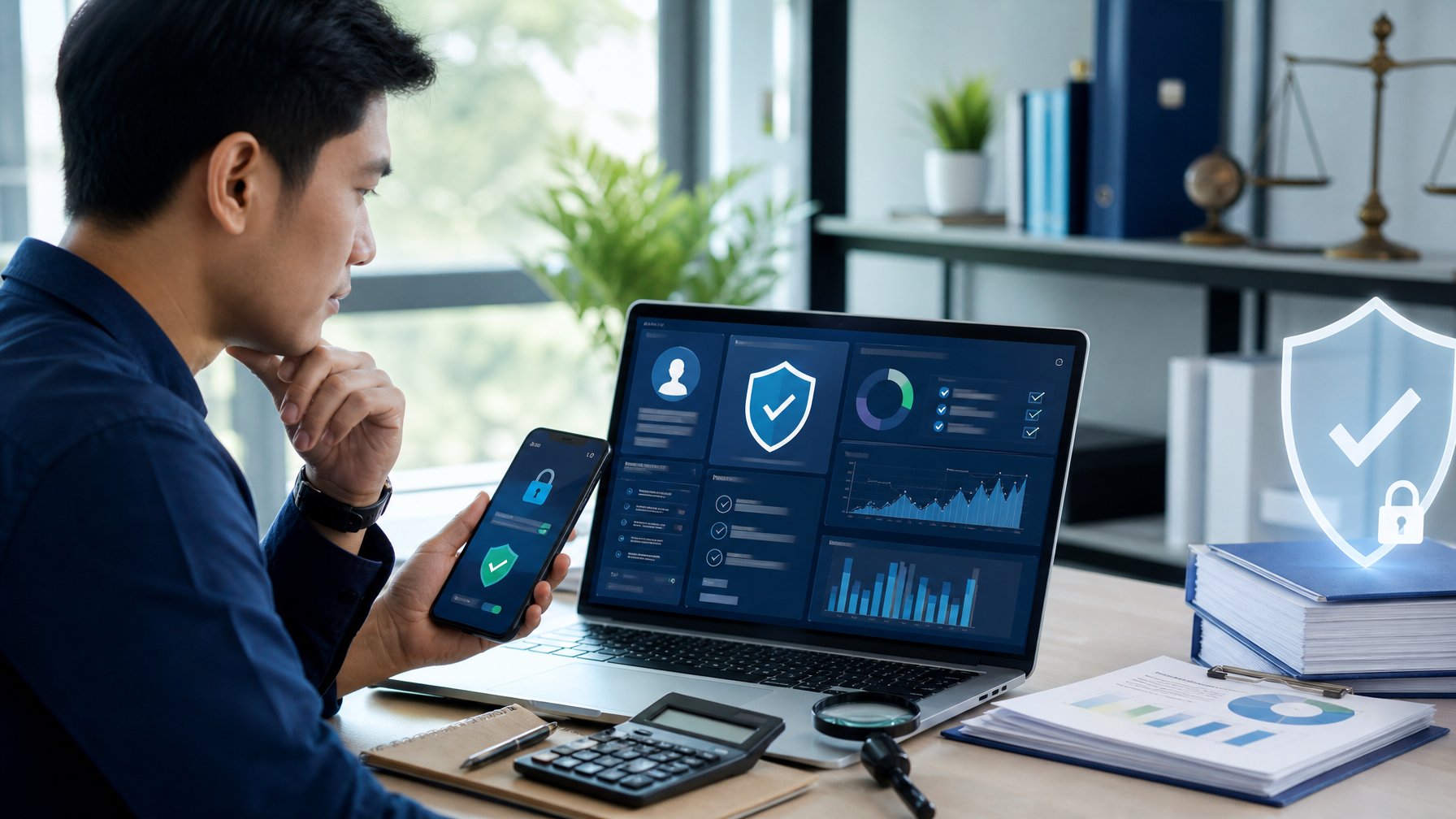 Seorang analis memeriksa keamanan dan legalitas platform digital menggunakan laptop dan ponsel di meja kerja.
