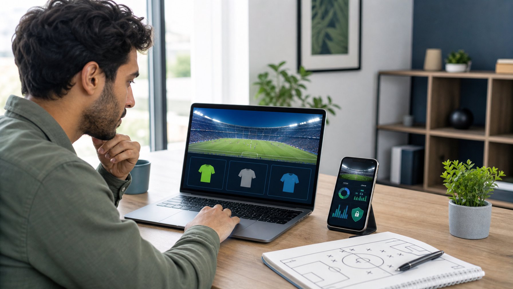 Pemula menganalisis pertandingan sepak bola melalui laptop dan ponsel di meja kerja.