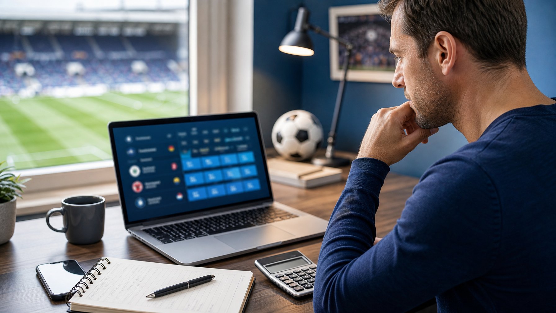 Seseorang mempelajari analisis pertandingan sepak bola di meja kerja dengan laptop, ponsel, dan perlengkapan catatan.