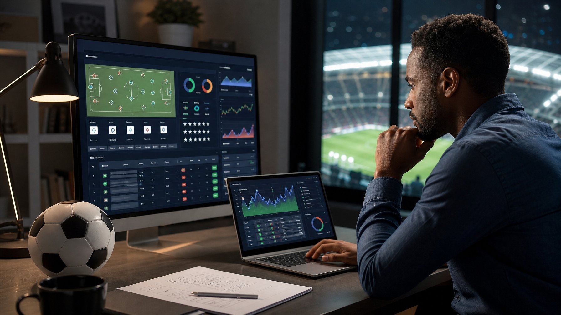 Seorang analis dewasa meninjau statistik pertandingan sepak bola di ruang kerja modern pada malam hari.