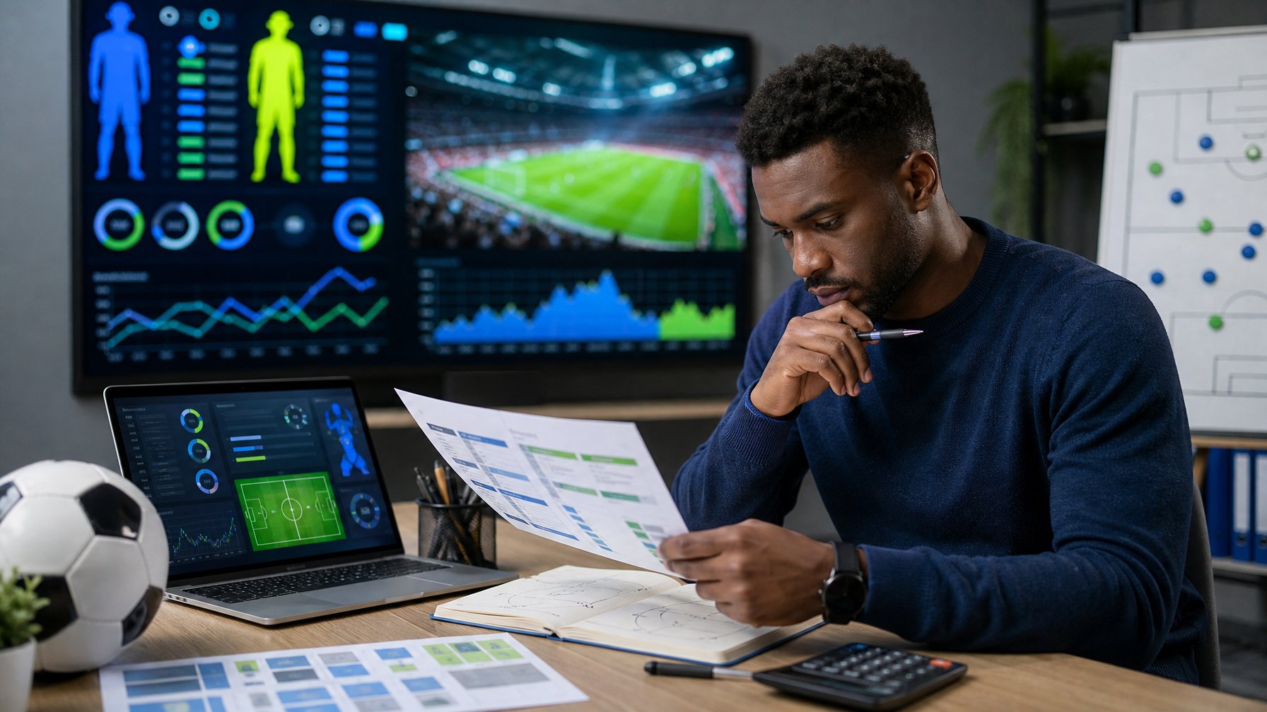 Analis olahraga menganalisis data pertandingan sepak bola di meja kerja dengan laptop, bola, kalkulator, dan catatan.