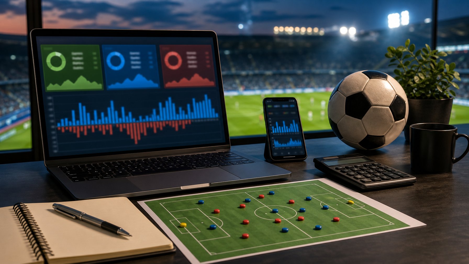 Meja kerja analisis sepak bola dengan laptop, diagram lapangan, bola, dan grafik abstrak berlatar stadion.