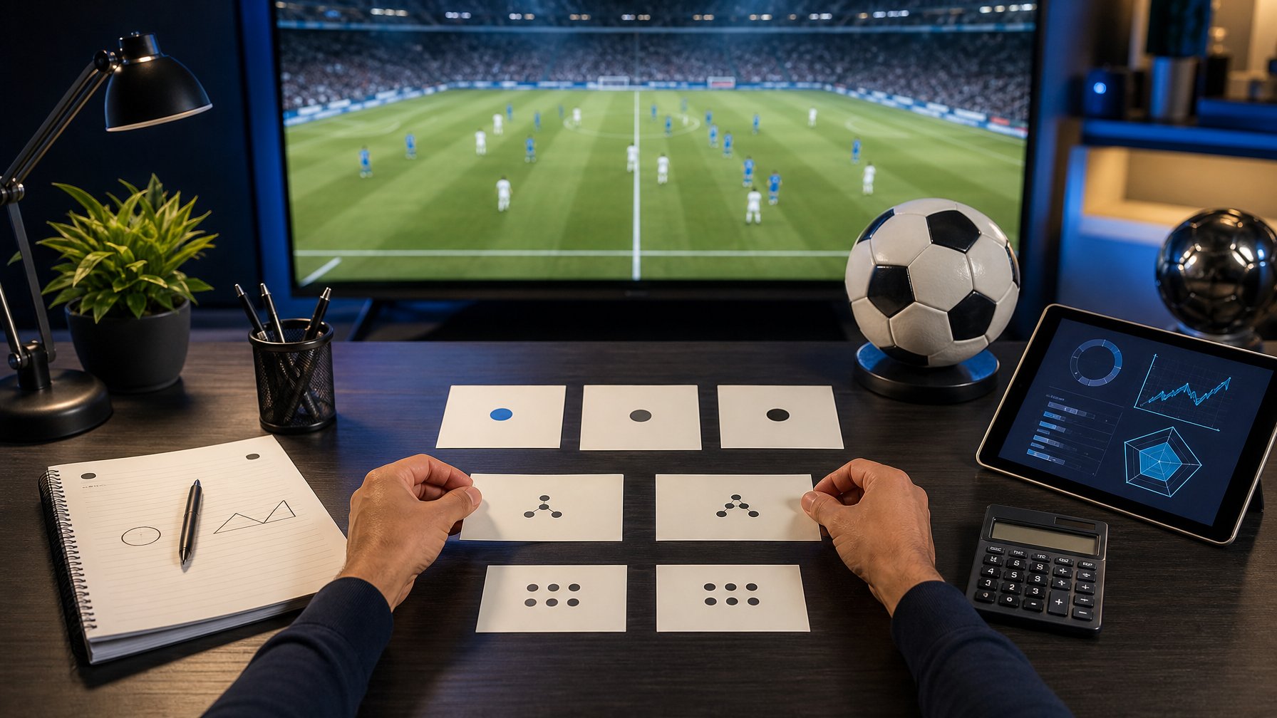 Meja analisis sepak bola dengan layar pertandingan, bola, tablet grafik, kalkulator, dan catatan kosong.