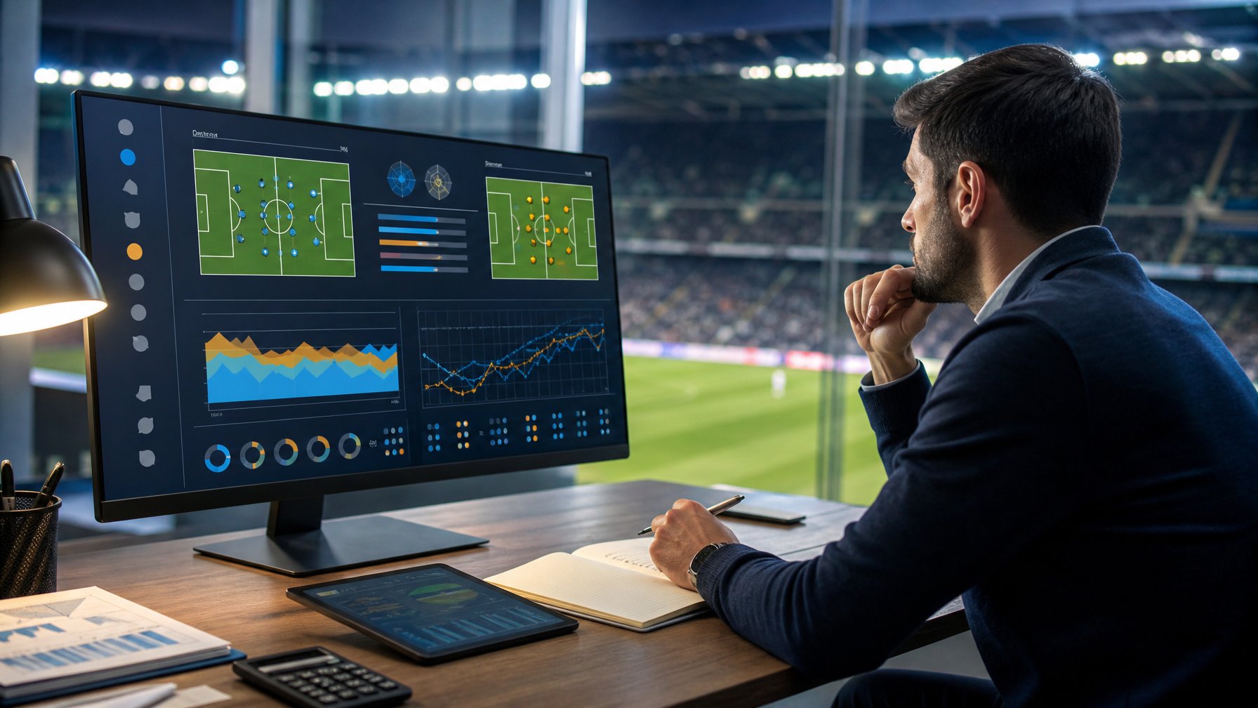 Analis sepak bola memeriksa data pertandingan di ruang kerja modern dengan stadion terlihat di latar belakang.