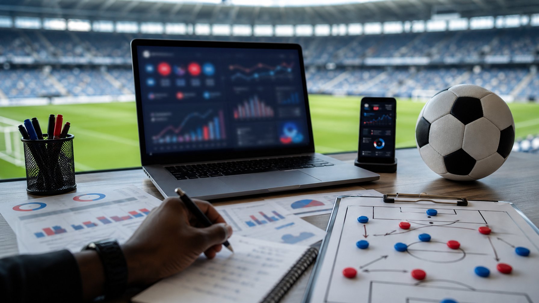 Analis sepak bola meninjau data pertandingan di meja kerja dengan laptop, papan taktik, dan bola di dekat stadion.