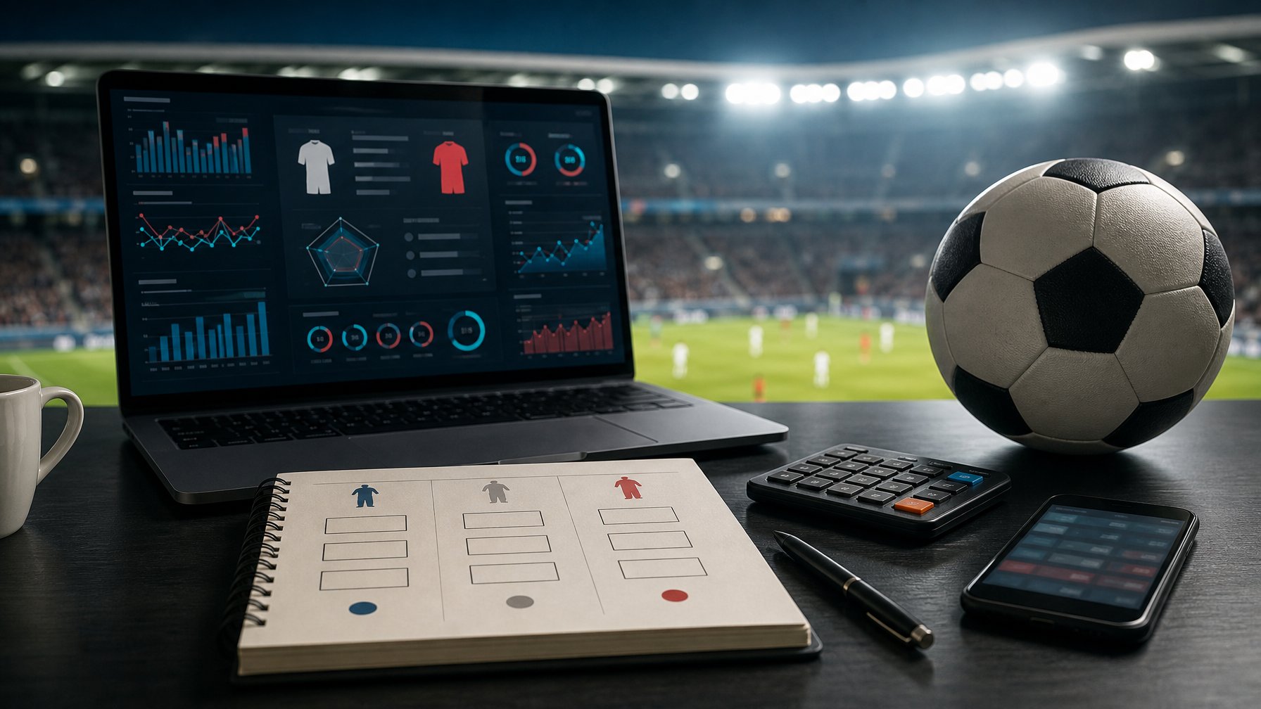 Meja analis dengan laptop berisi grafik pertandingan, bola sepak, buku catatan, dan stadion yang tampak samar di latar belakang.