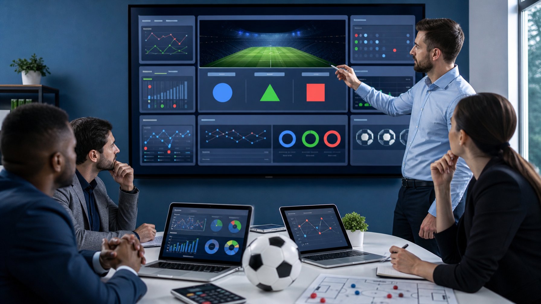 Tim analis sepak bola mempelajari visualisasi data pertandingan di ruang kerja modern.