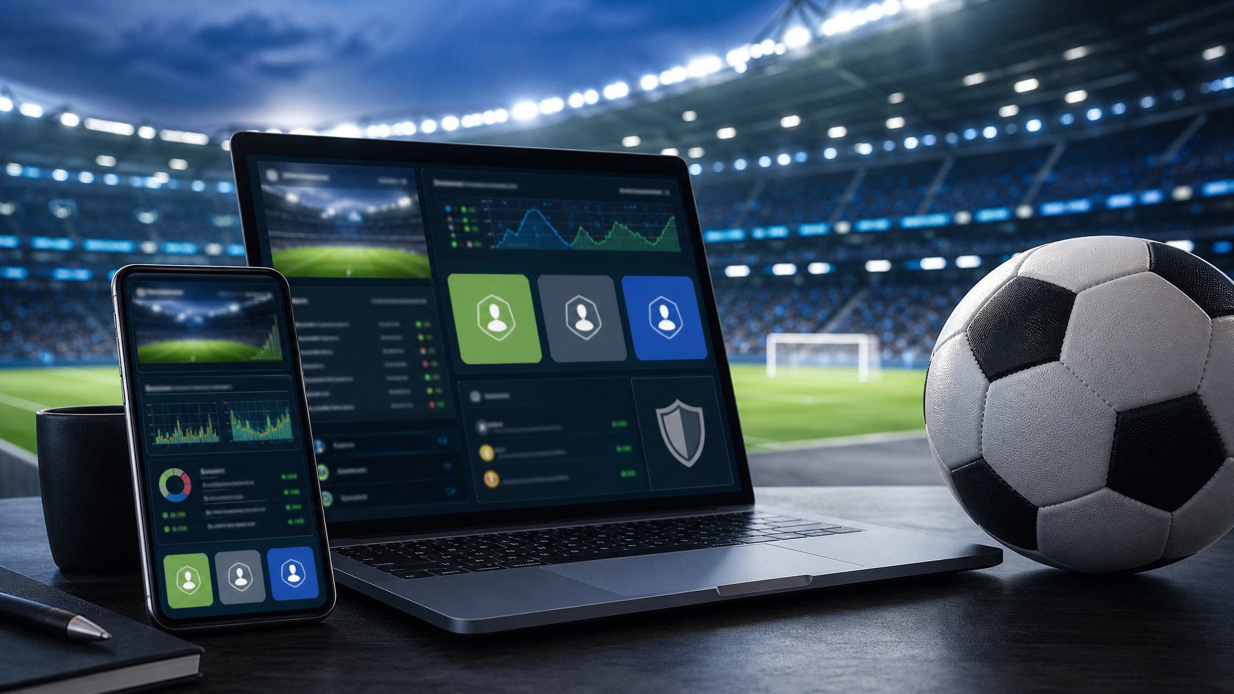 Meja modern dengan bola sepak, laptop, ponsel, dan latar stadion yang menampilkan analisis pertandingan abstrak.