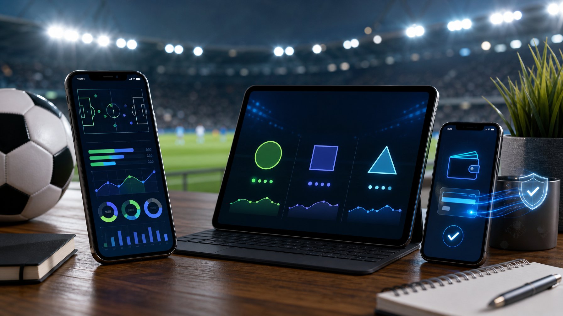 Meja kerja modern dengan ponsel, tablet, dompet digital, dan elemen sepak bola.