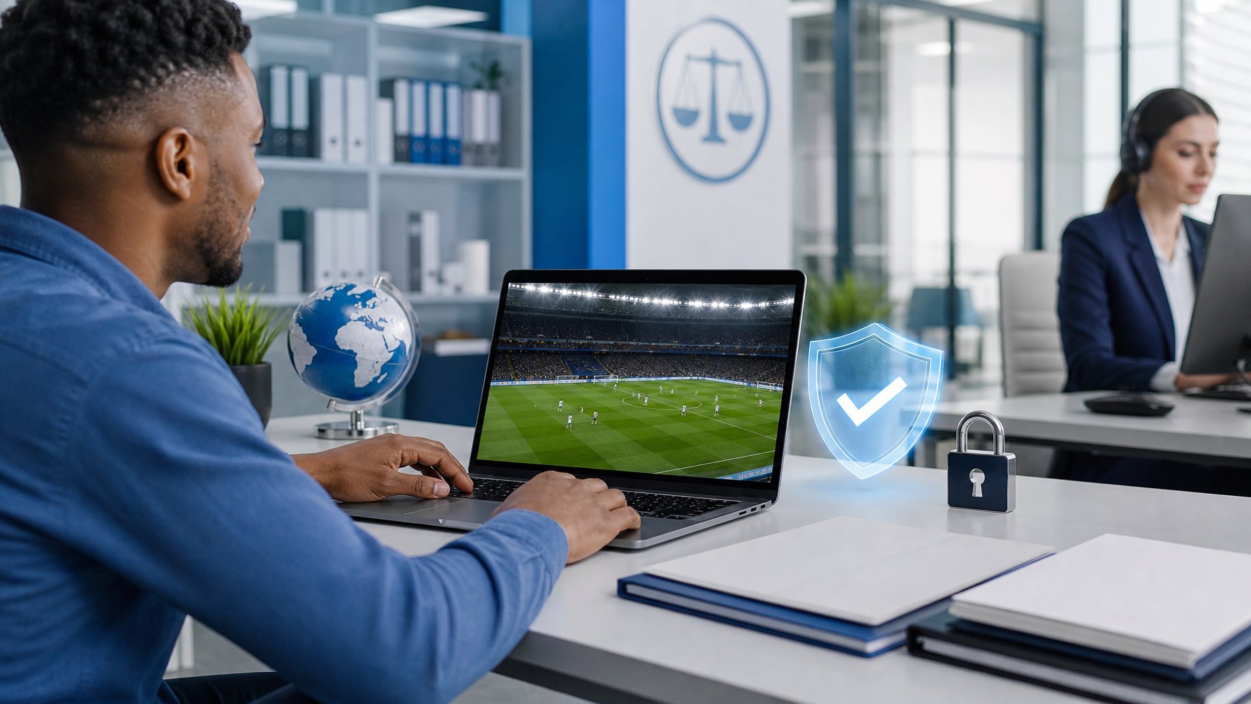 Penggemar sepak bola dewasa meninjau platform taruhan di laptop dengan simbol keamanan dan dokumen legal di kantor modern.