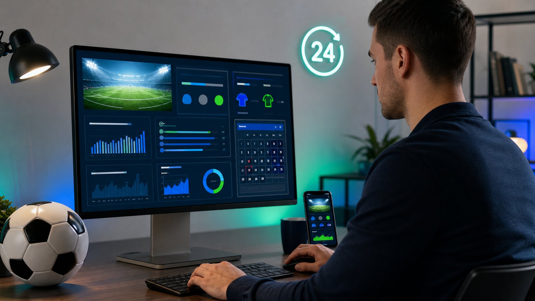Seseorang menggunakan platform analisis pertandingan sepak bola pada komputer di ruang kerja modern.
