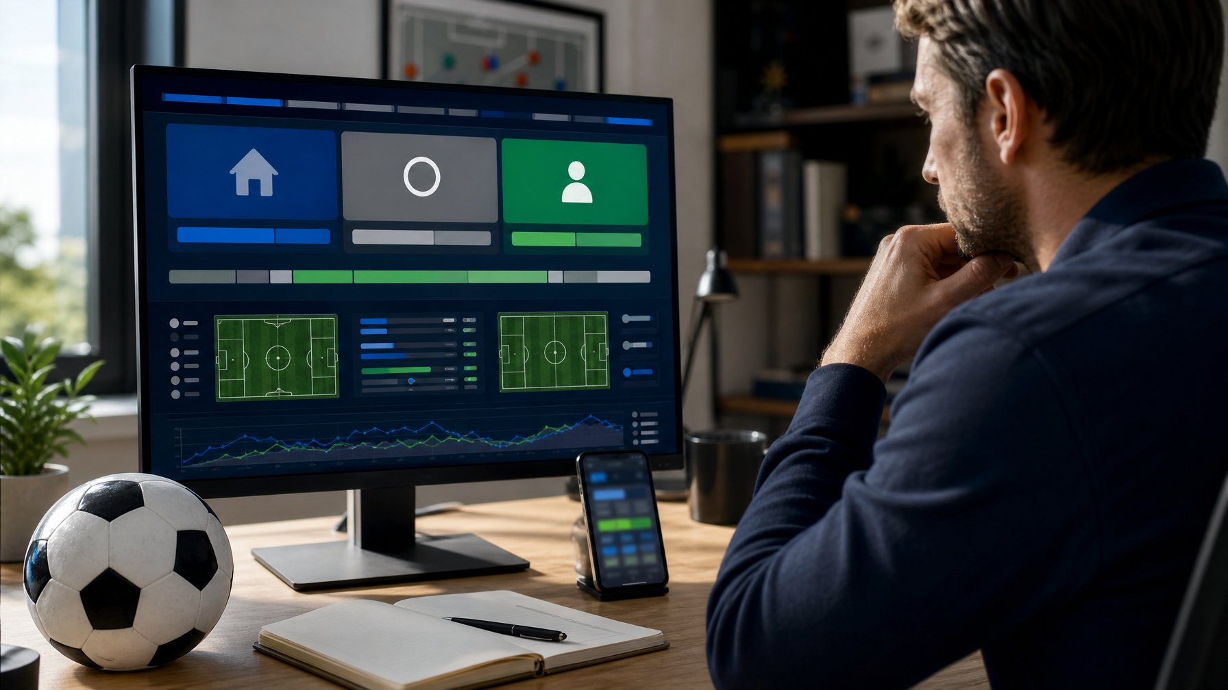 Ruang kerja analis dengan monitor yang menampilkan grafik pertandingan sepak bola dan tiga pilihan hasil pertandingan.