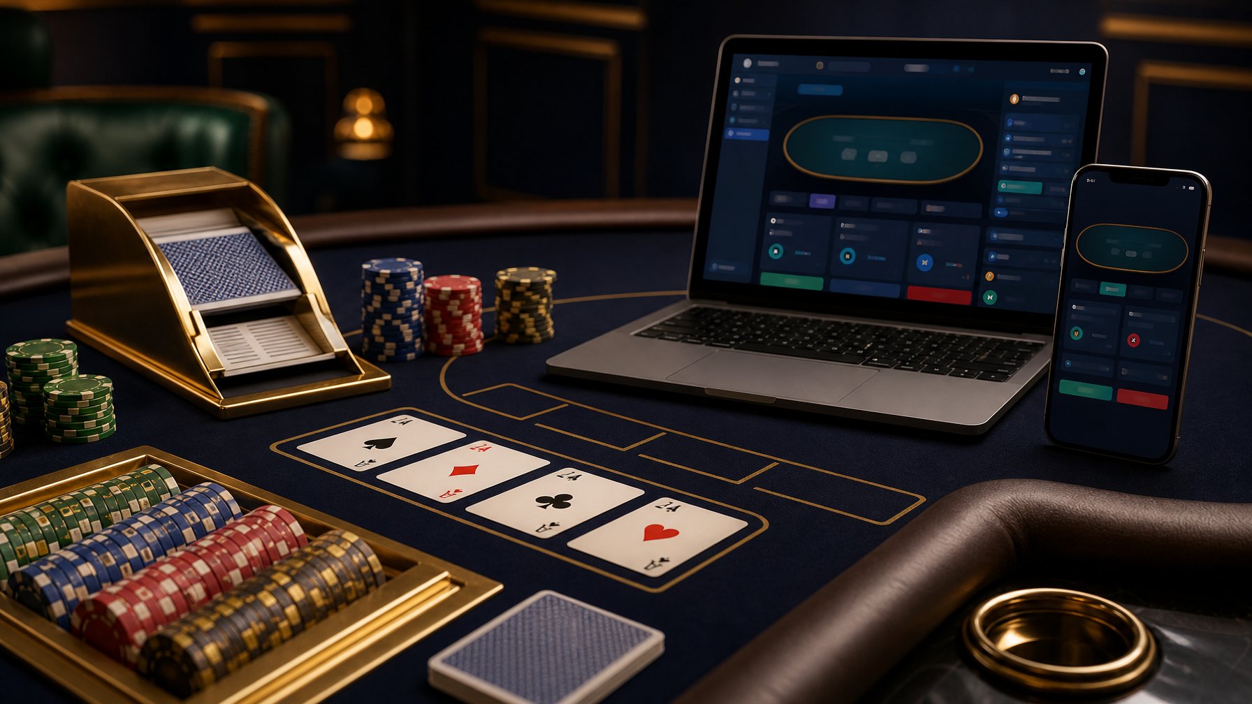 Meja baccarat dengan kartu, keping kasino, laptop, dan ponsel dalam suasana elegan.
