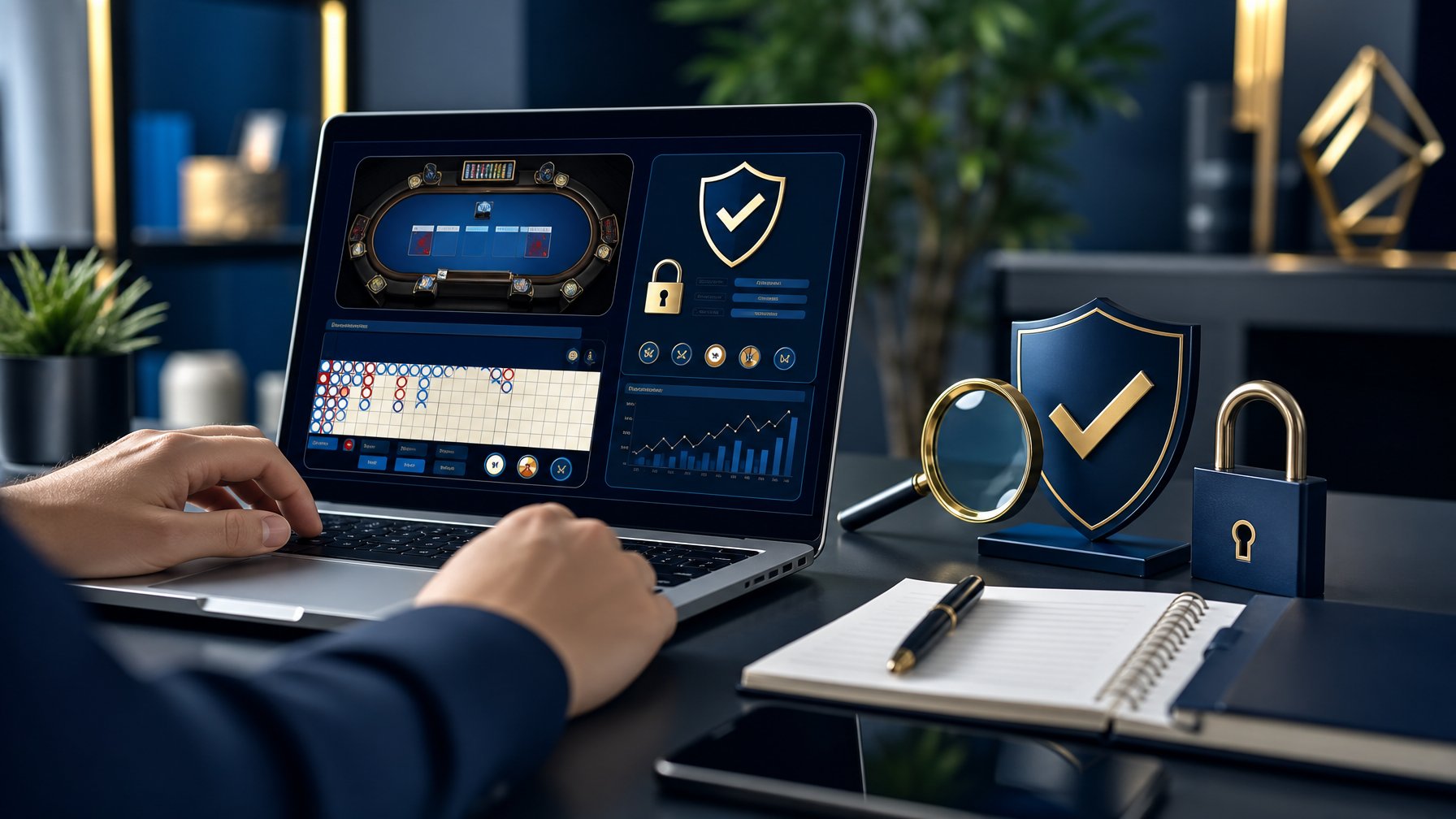Seseorang menilai keamanan dan kredibilitas platform baccarat online melalui laptop dengan simbol perisai, gembok, dan tanda verifikasi.