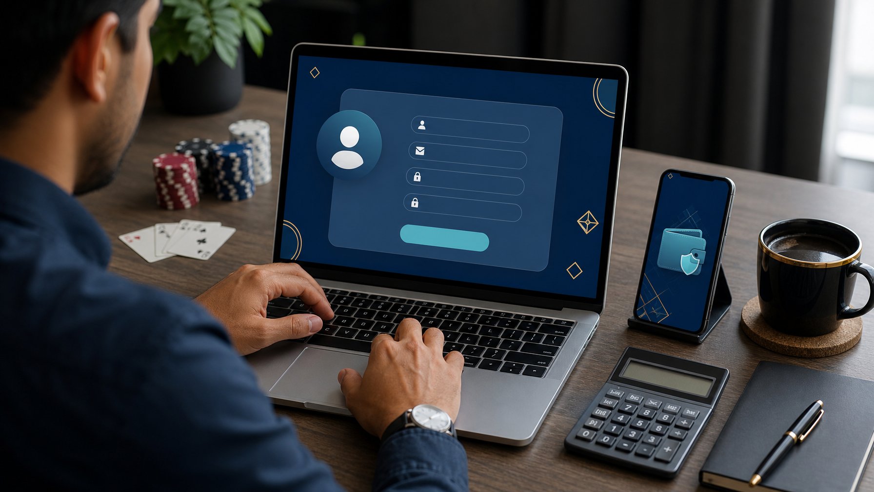 Seseorang mendaftarkan akun pada perangkat digital di meja kerja dengan ponsel, kartu, dan keping permainan di sekitarnya.