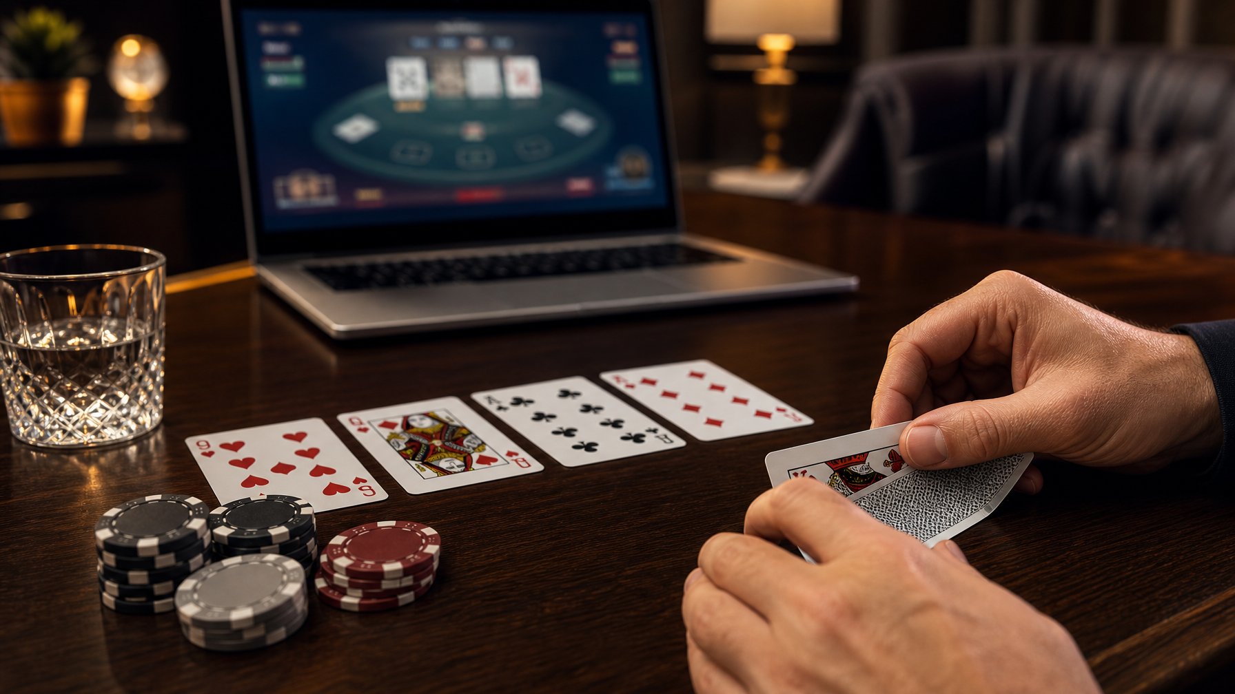 Meja baccarat elegan dengan kartu, keping kasino, dan laptop berlatar belakang.