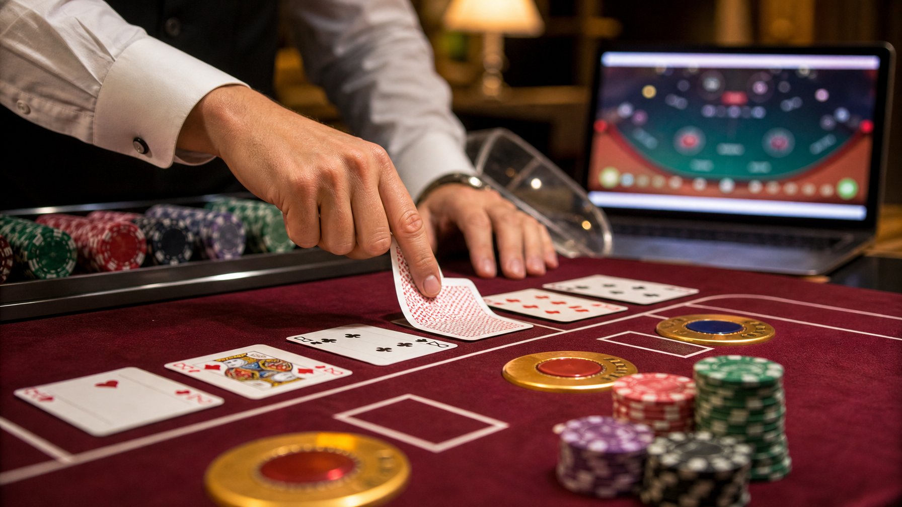 Tangan dealer membuka kartu baccarat di atas meja kasino dengan chip dan perangkat digital di latar belakang.
