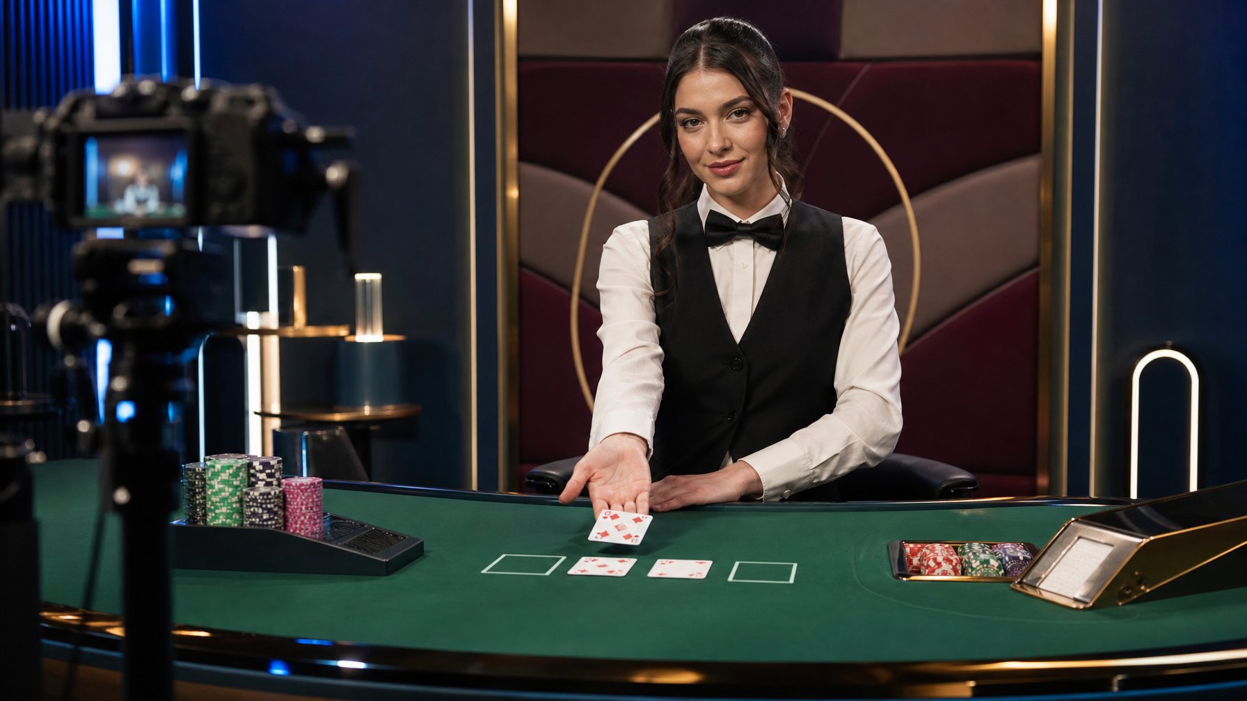 Dealer menyajikan kartu di meja baccarat dengan chip dan peralatan siaran langsung di lingkungan kasino modern.